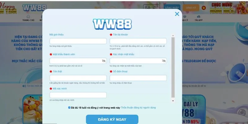 Giao diện trang đăng ký WW88